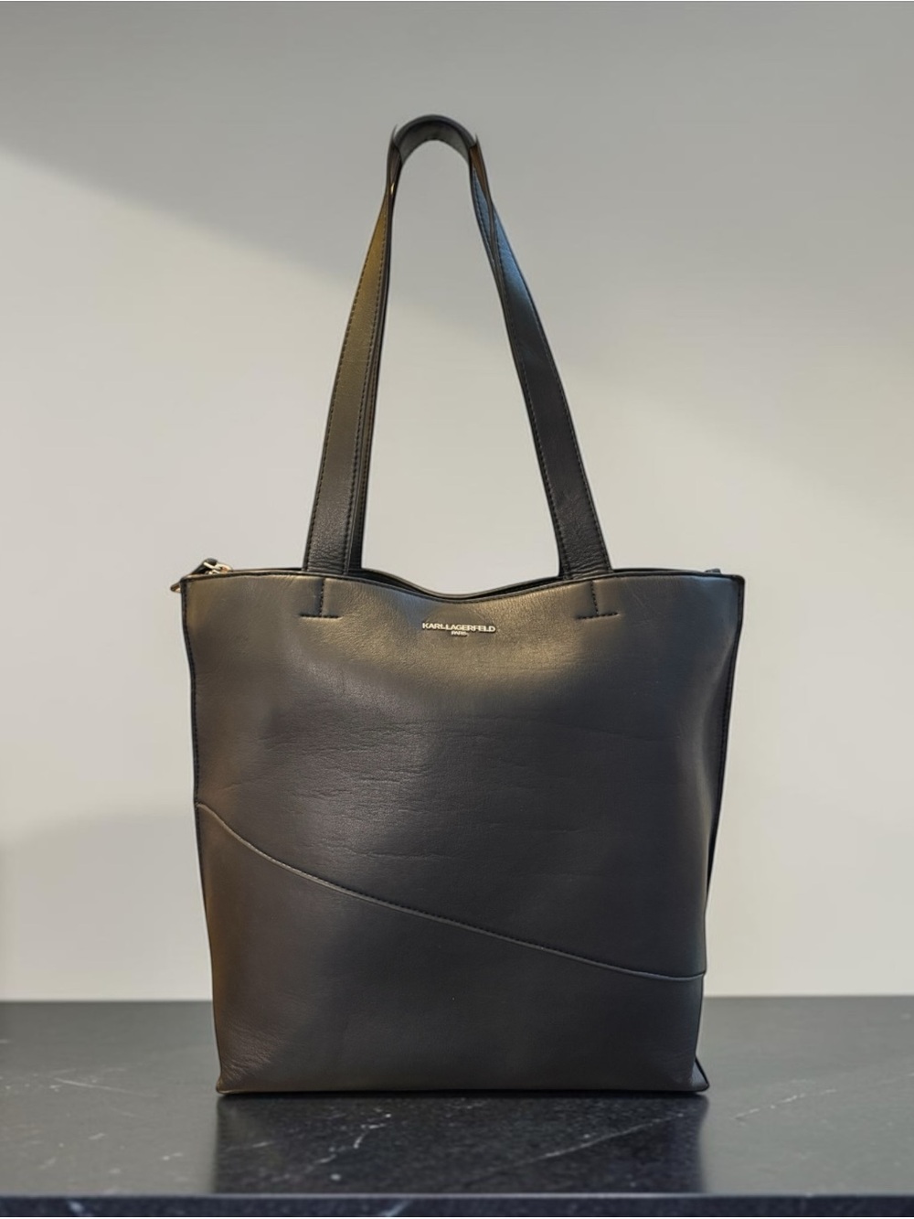 Karl Lagerfelg Paris Chantelle Black Faux Leather Messenger Tote